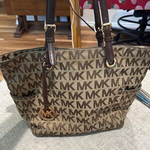 Michael Kors Brown Monogram Tote Bag with Leather Trim